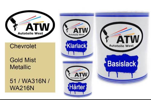 Chevrolet, Gold Mist Metallic, 51 / WA316N / WA216N: 1L Lackdose + 1L Klarlack + 500ml Härter - Set, von ATW Autoteile West.